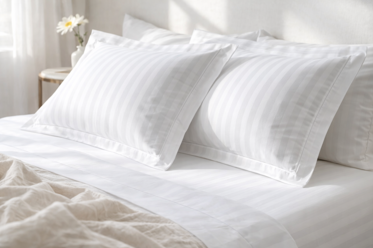 300TC Cotton Striped Pillowcases – White
