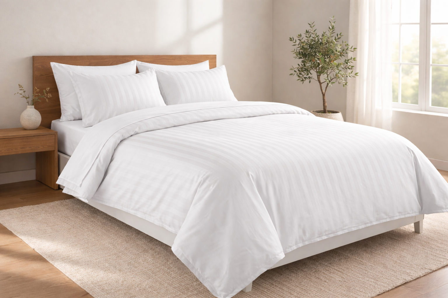 300TC Cotton Strip Duvet Cover – White