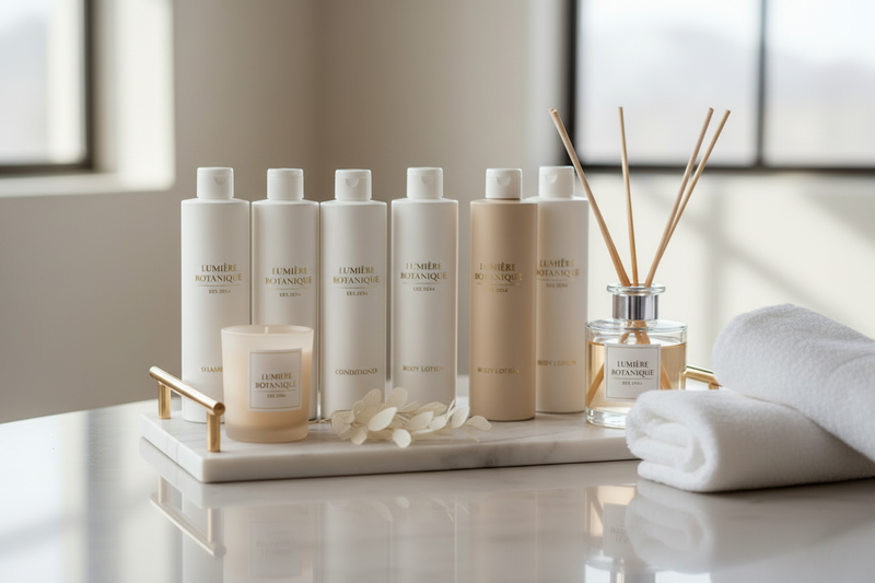 Set of skincare products and a candle on a marble tray with a towel in the background.