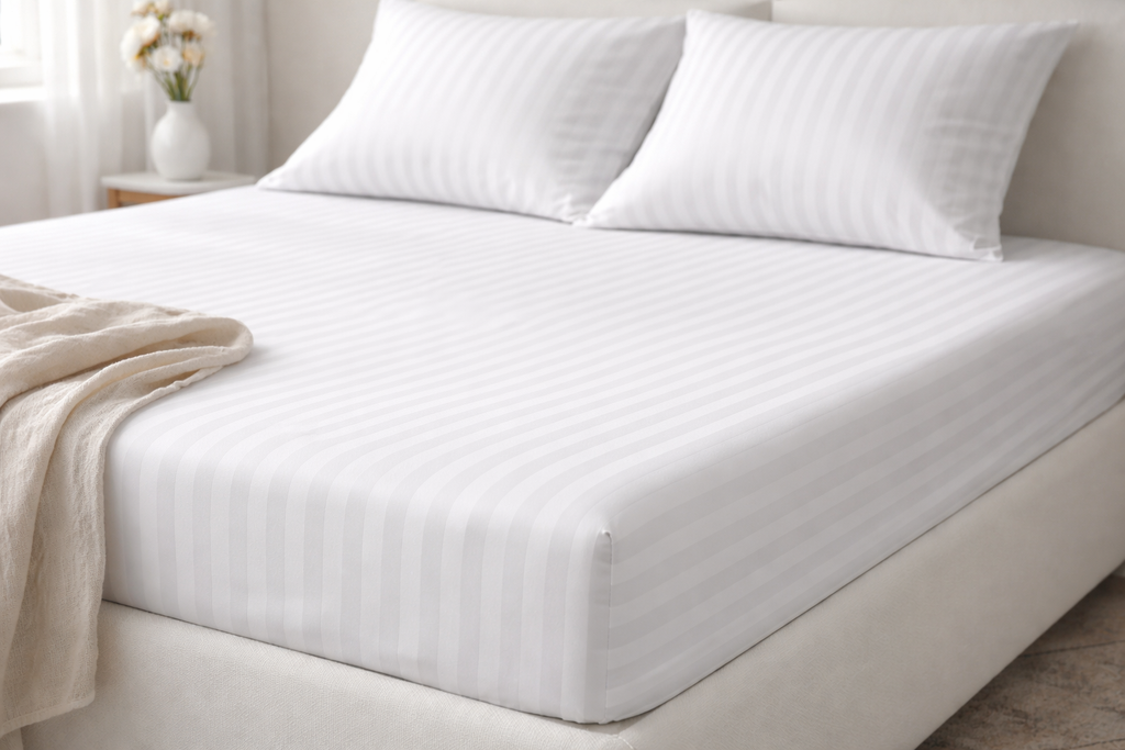 Hotel Stripe Fitted Sheet – 300TC (White)